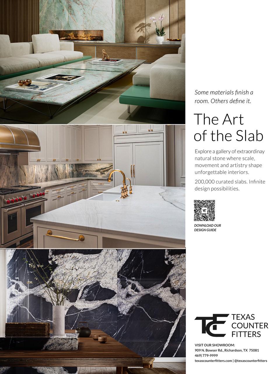 A collage showcasing luxurious stone interiors in kitchens and bathrooms by Texas Counter Fitters