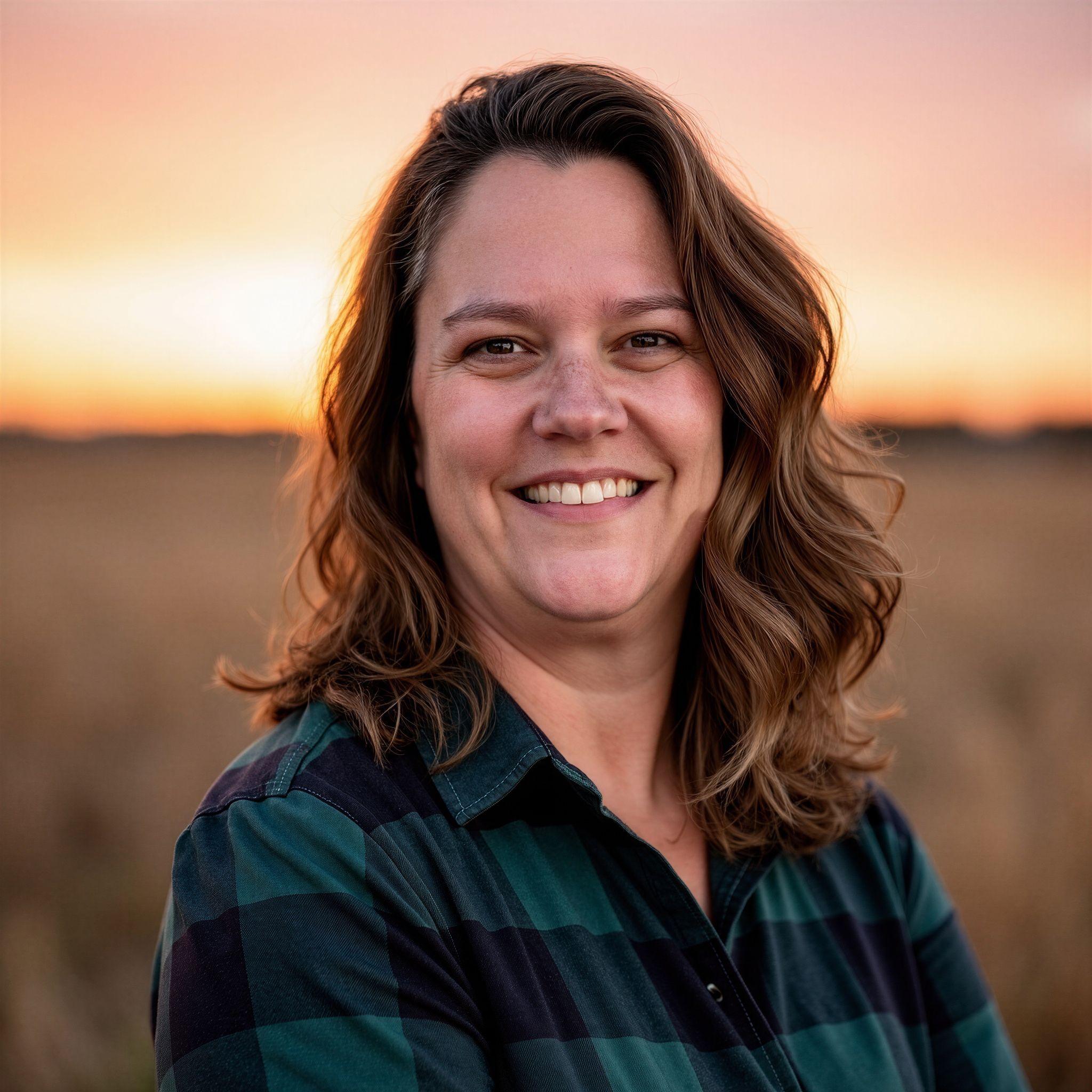 A smiling woman with wavy hair stands in a field at sunset