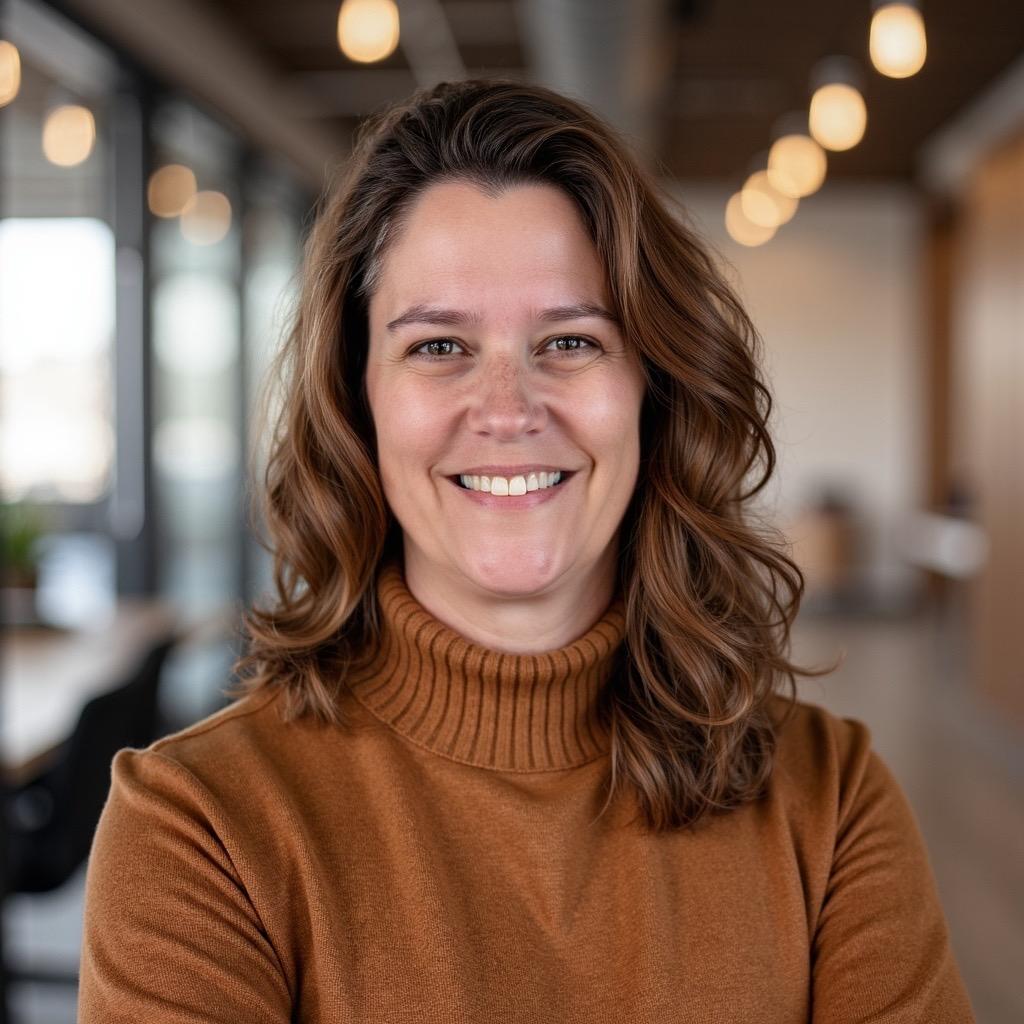 Smiling woman with wavy brown hair wearing a brown turtleneck sweater indoors