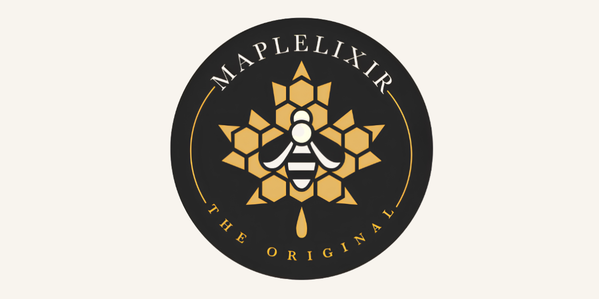 Logo for MapleLixir featuring a bee and honeycomb design with maple elements