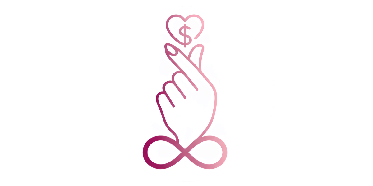 A hand making a heart gesture with a dollar sign above and an infinity symbol below
