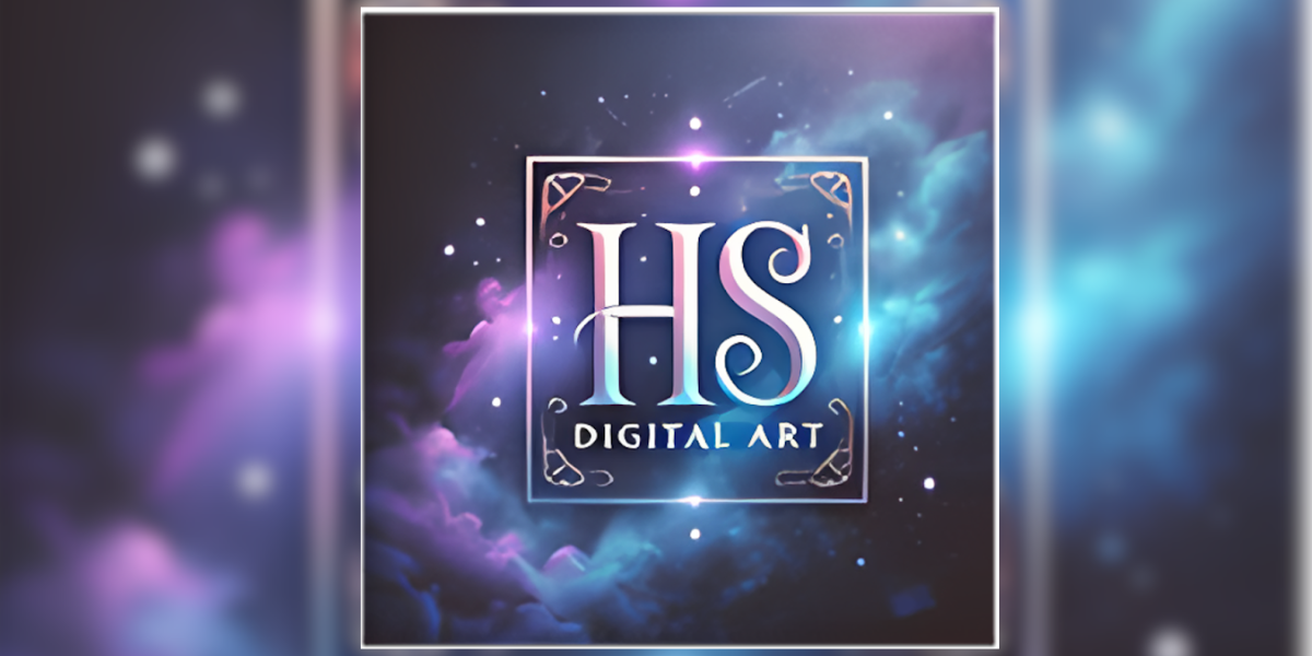 Logo featuring "HS" and "Digital Art" against a cosmic background of blues and purples