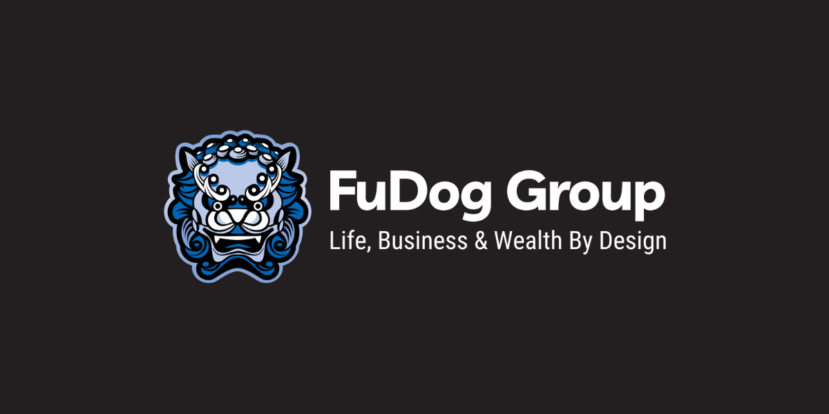 Logo of FuDog Group featuring a stylized lion and company tagline on black background