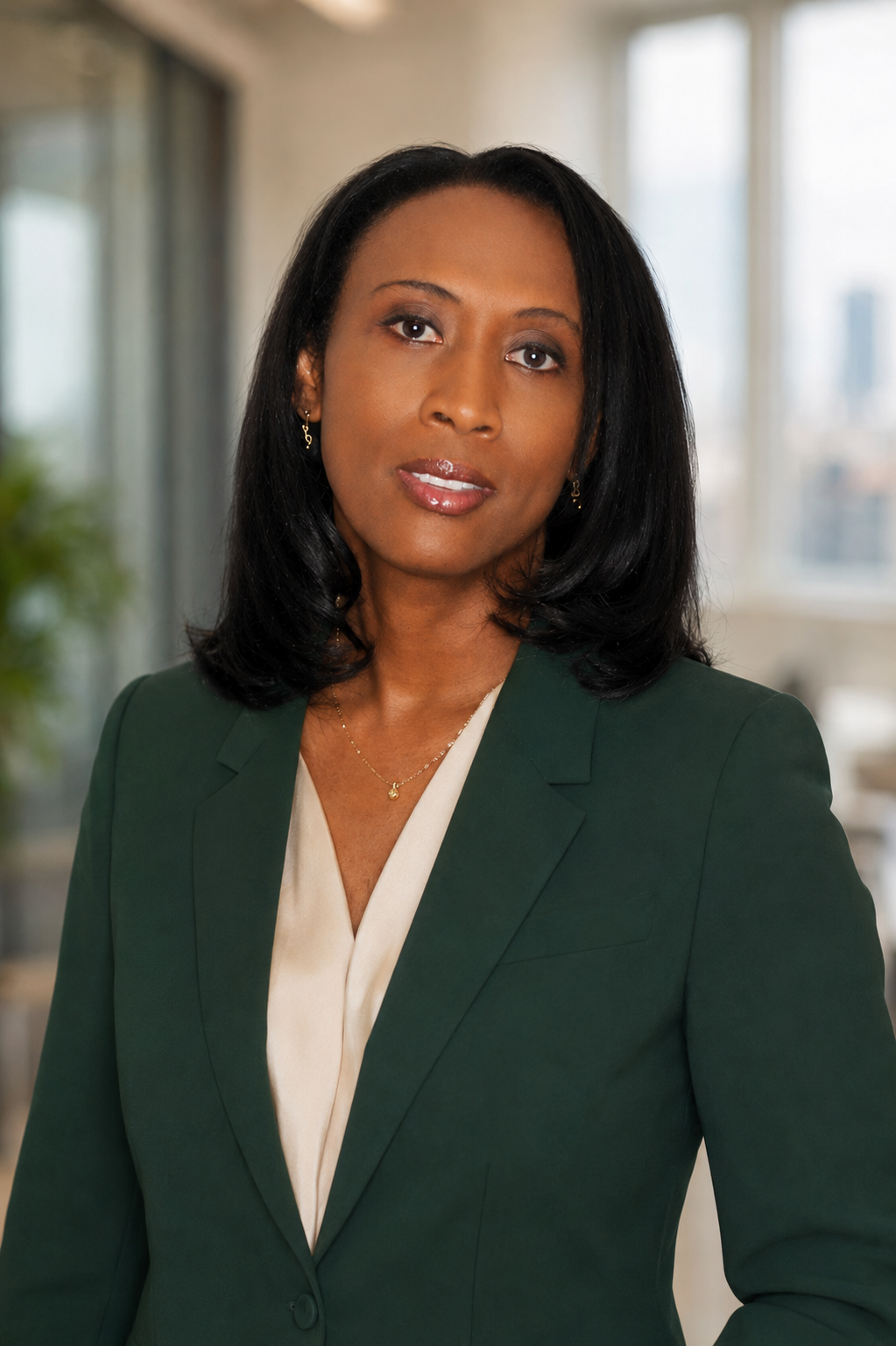 A woman in a green blazer poses confidently in a modern office setting