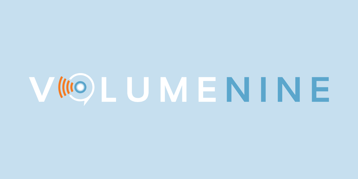 Logo for Volume Nine featuring the name in bold, modern typography with sound wave icon