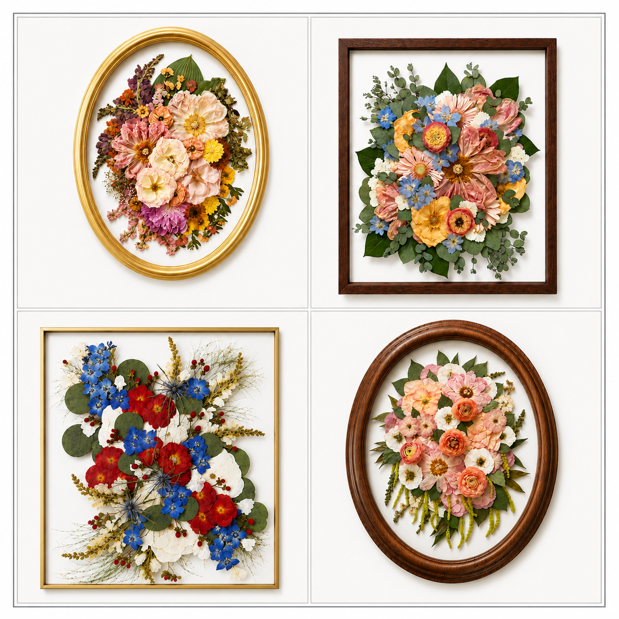 Four framed floral arrangements featuring dried flowers in various colors and textures.