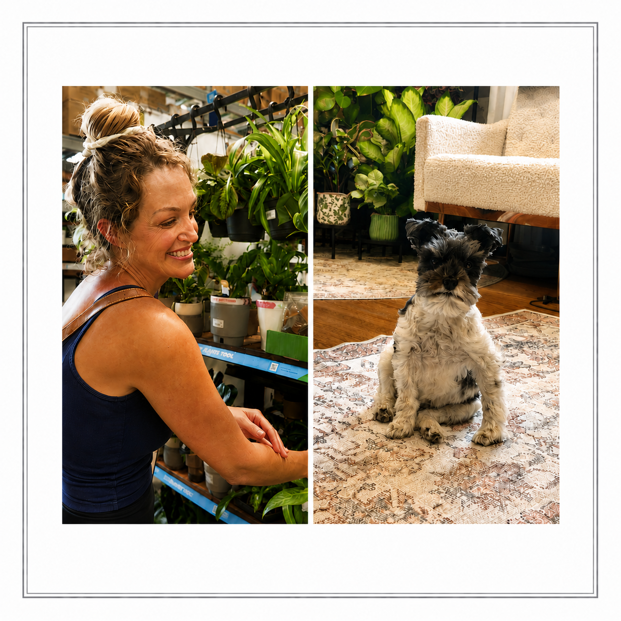 A woman smiles while working with plants beside a cute black-and-white dog.