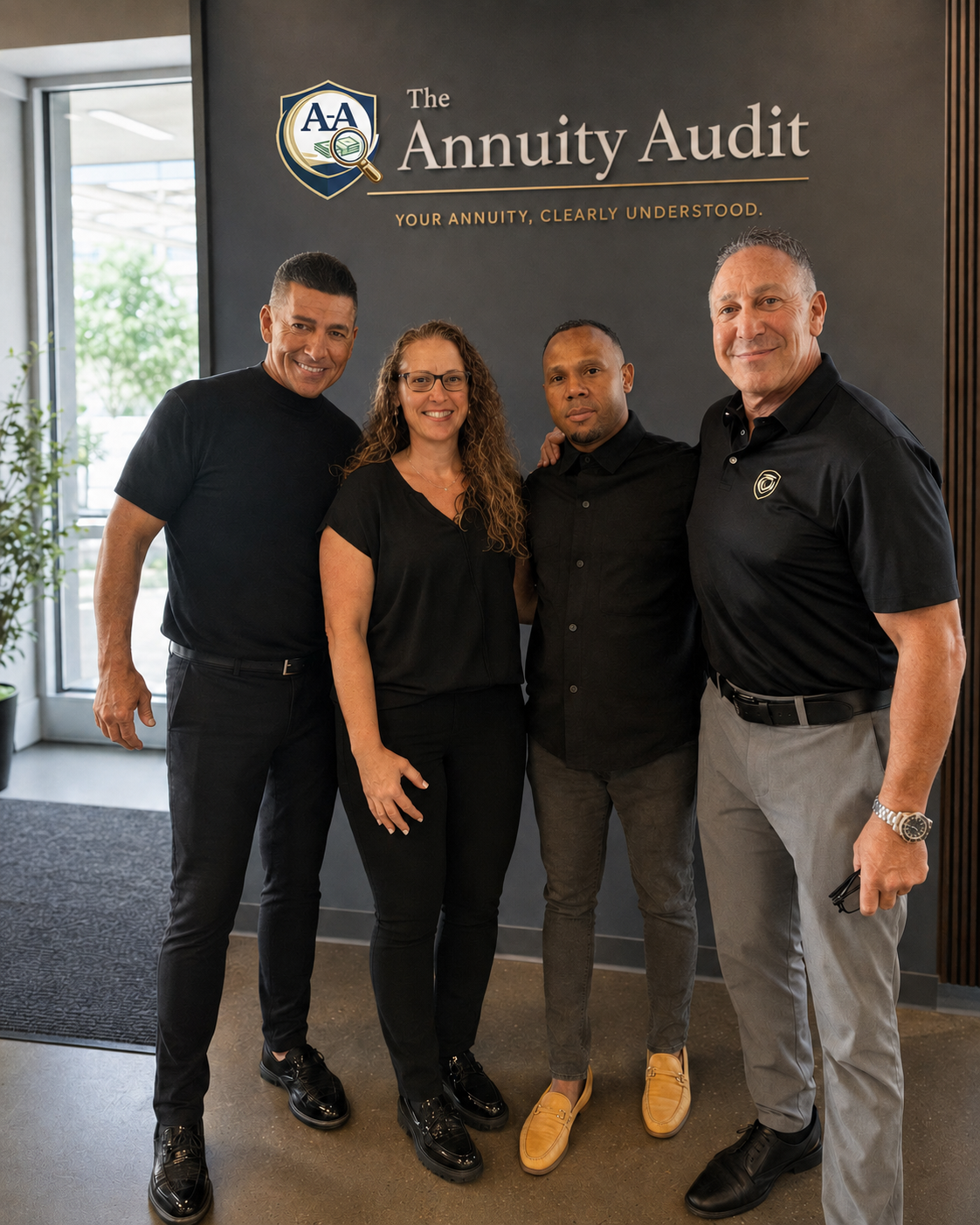 Four people pose together in front of a company sign for The Annuity Audit