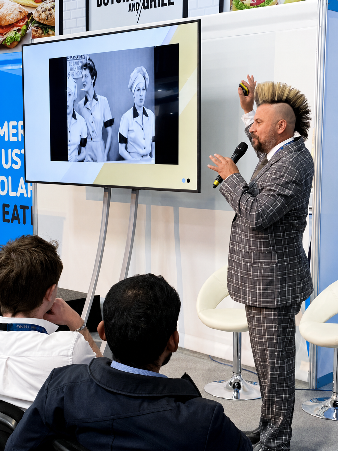 A speaker in a checked suit presents on stage with a screen behind him