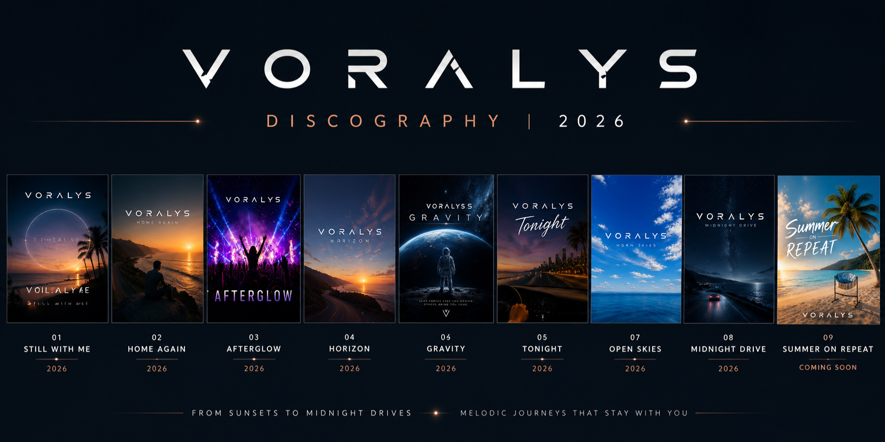 Voralys discography showcase featuring album covers and release years from 2026.