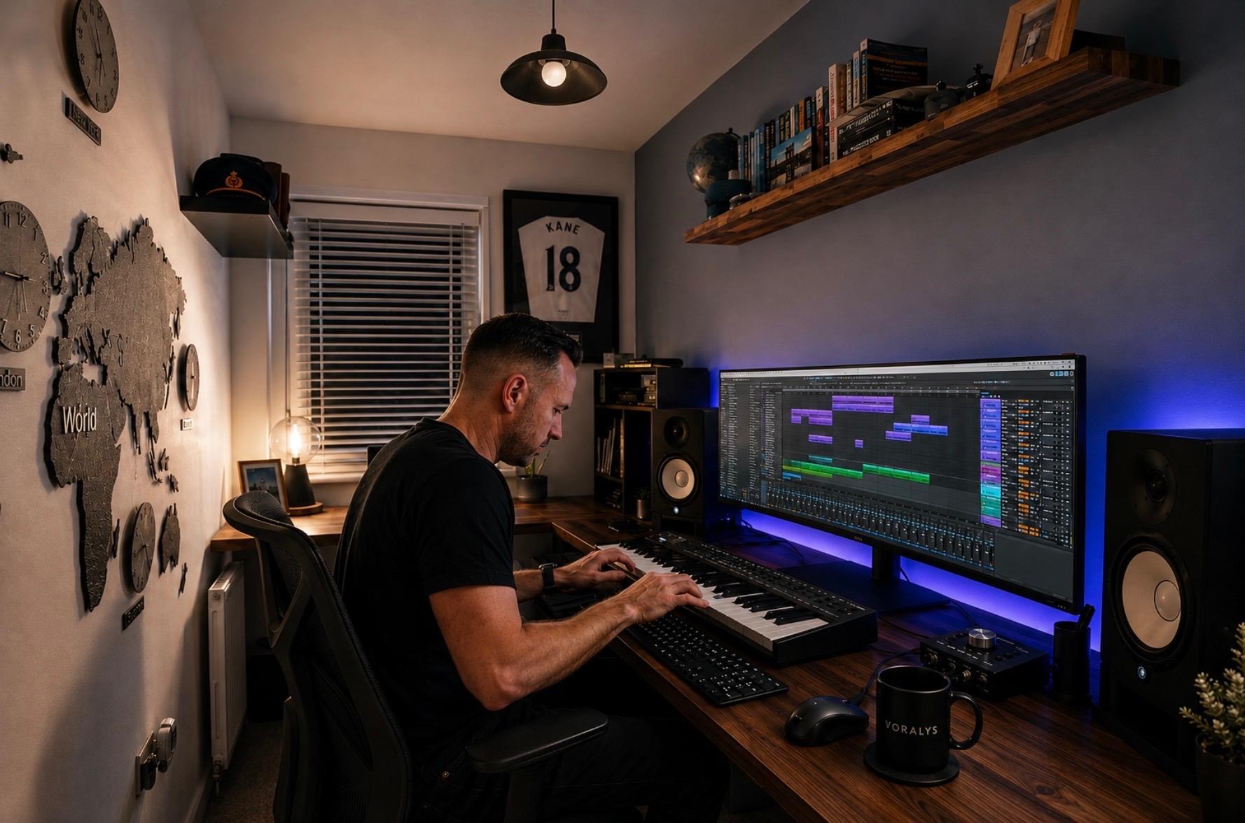 A man composing music in a modern home office with dual monitors and acoustic panels