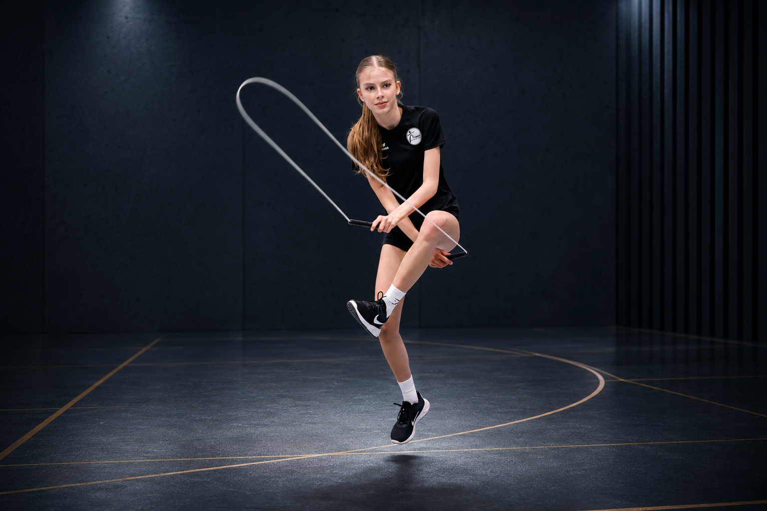 Athletic girl skipping rope in a gym with a modern, minimalist design
