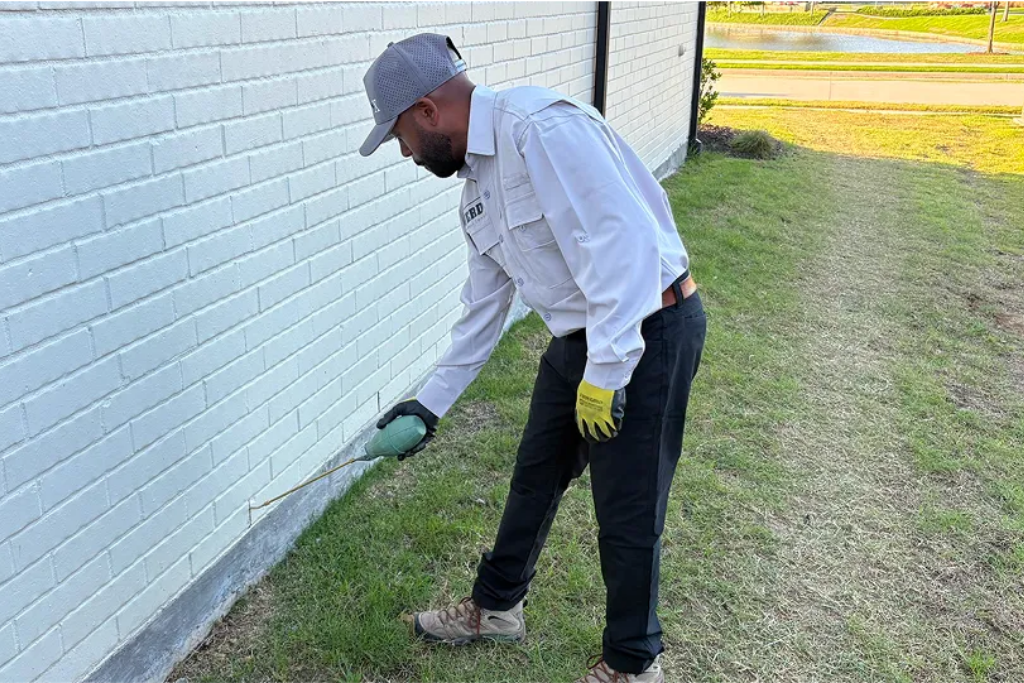 Person in work attire inspecting the foundation of a house with a tool