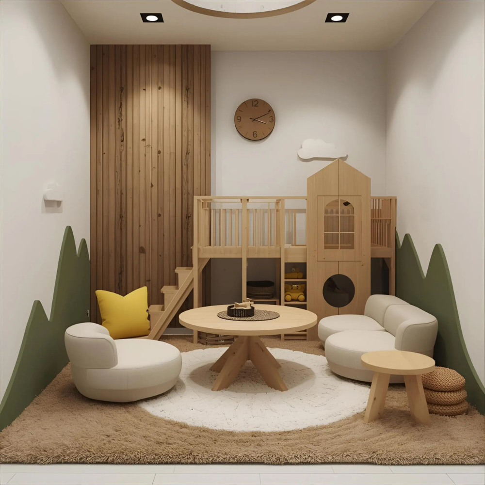 Cozy children's playroom with wooden playhouse, seating, and soft decorative elements