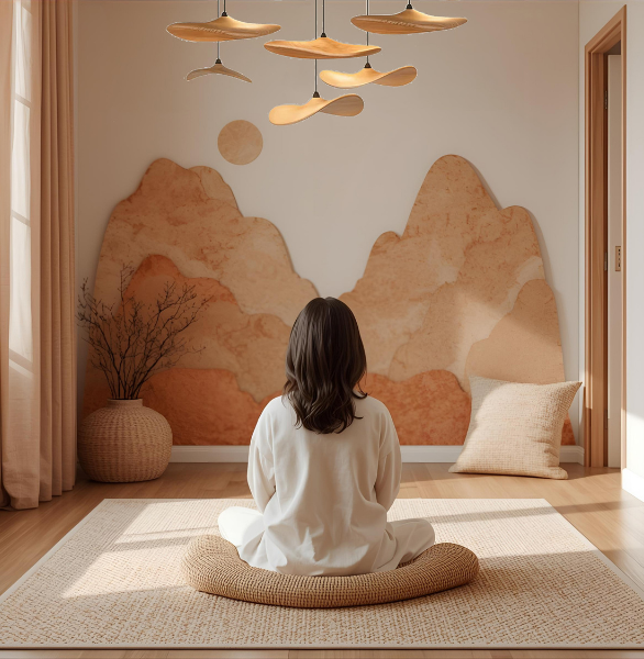 Person sitting on a cushion in a serene, minimally designed room with earthy tones
