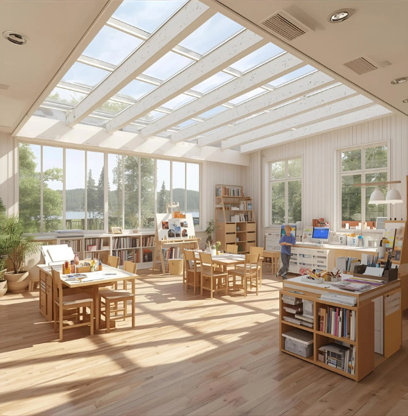 Bright, modern classroom with wood furniture, large windows, and creative workspaces.