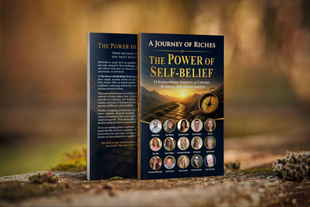 Book cover featuring "The Power of Self-Belief" with a compass and nature background