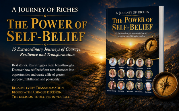 Book cover titled "The Power of Self-Belief" with images of contributors and inspirational theme