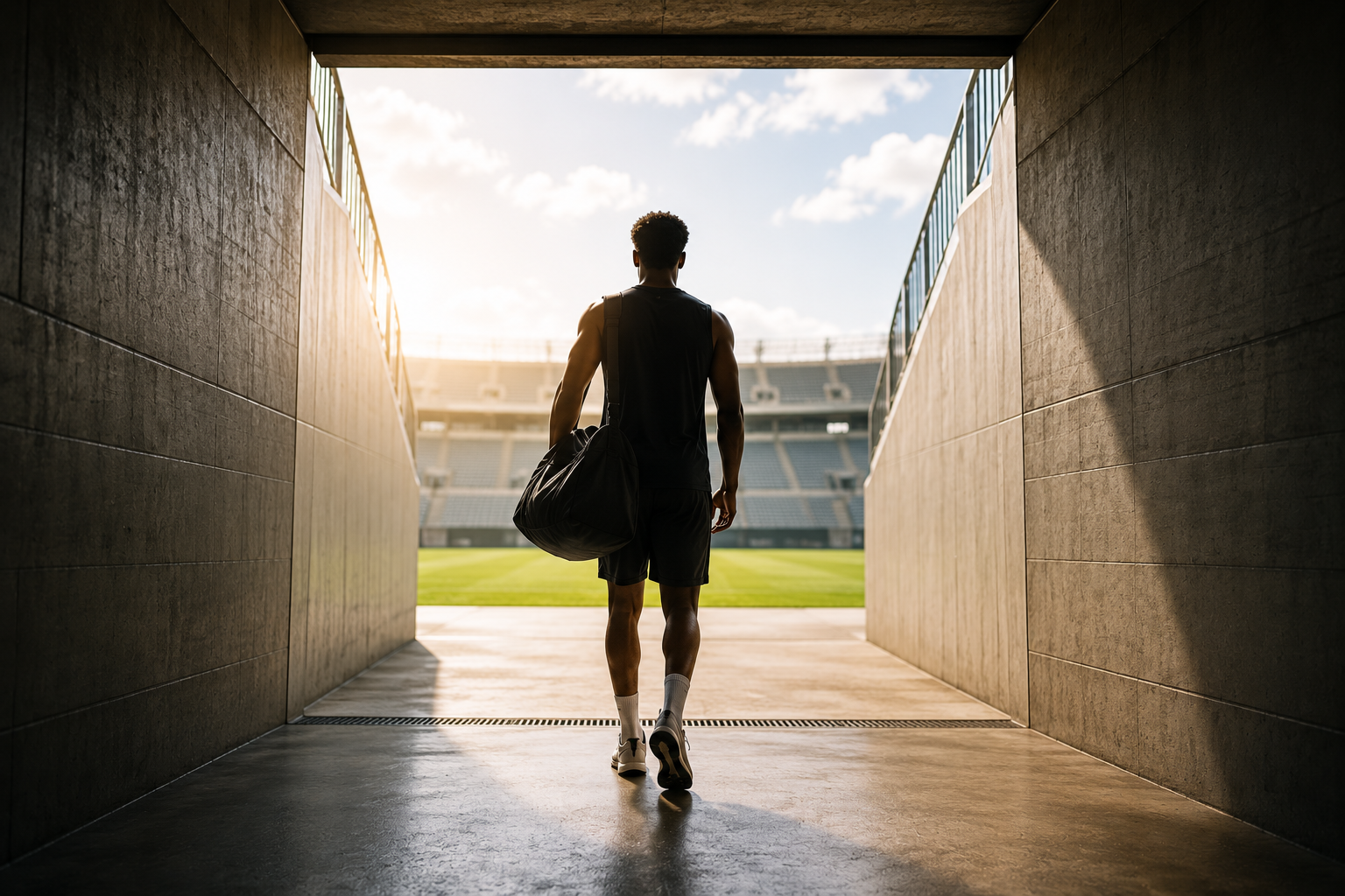 Athlete walking out of a stadium tunnel into a sunlit soccer field