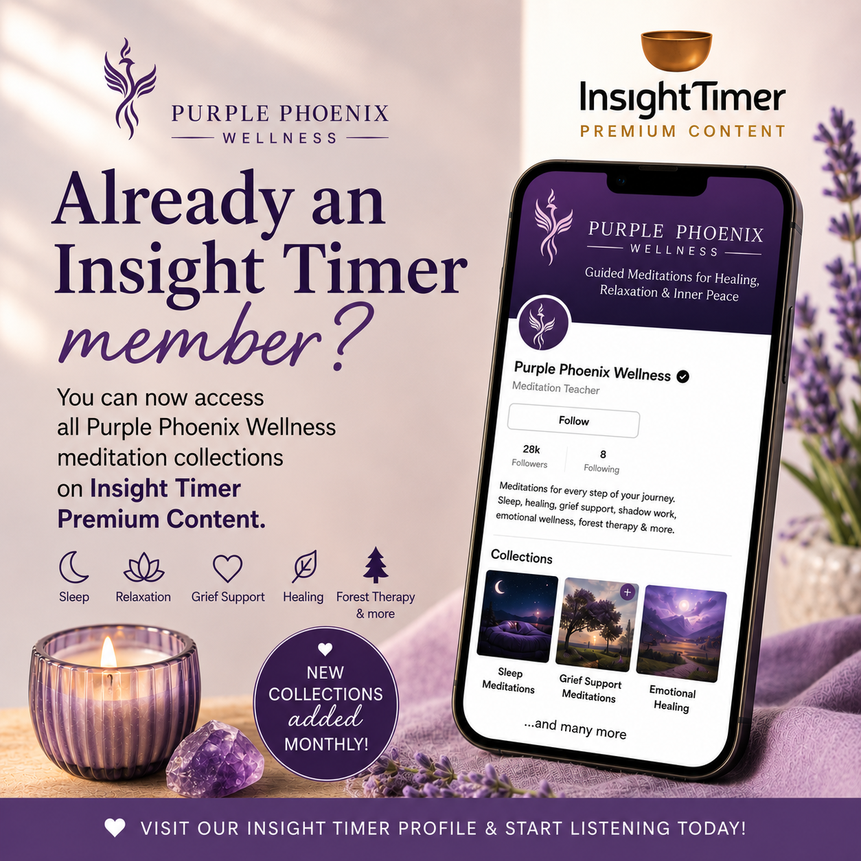 Promotional graphic for Purple Phoenix Wellness on Insight Timer with meditation features and benefits