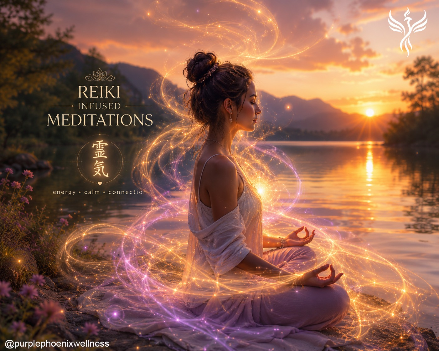 Woman meditating by a serene lake with glowing energy swirls around her.