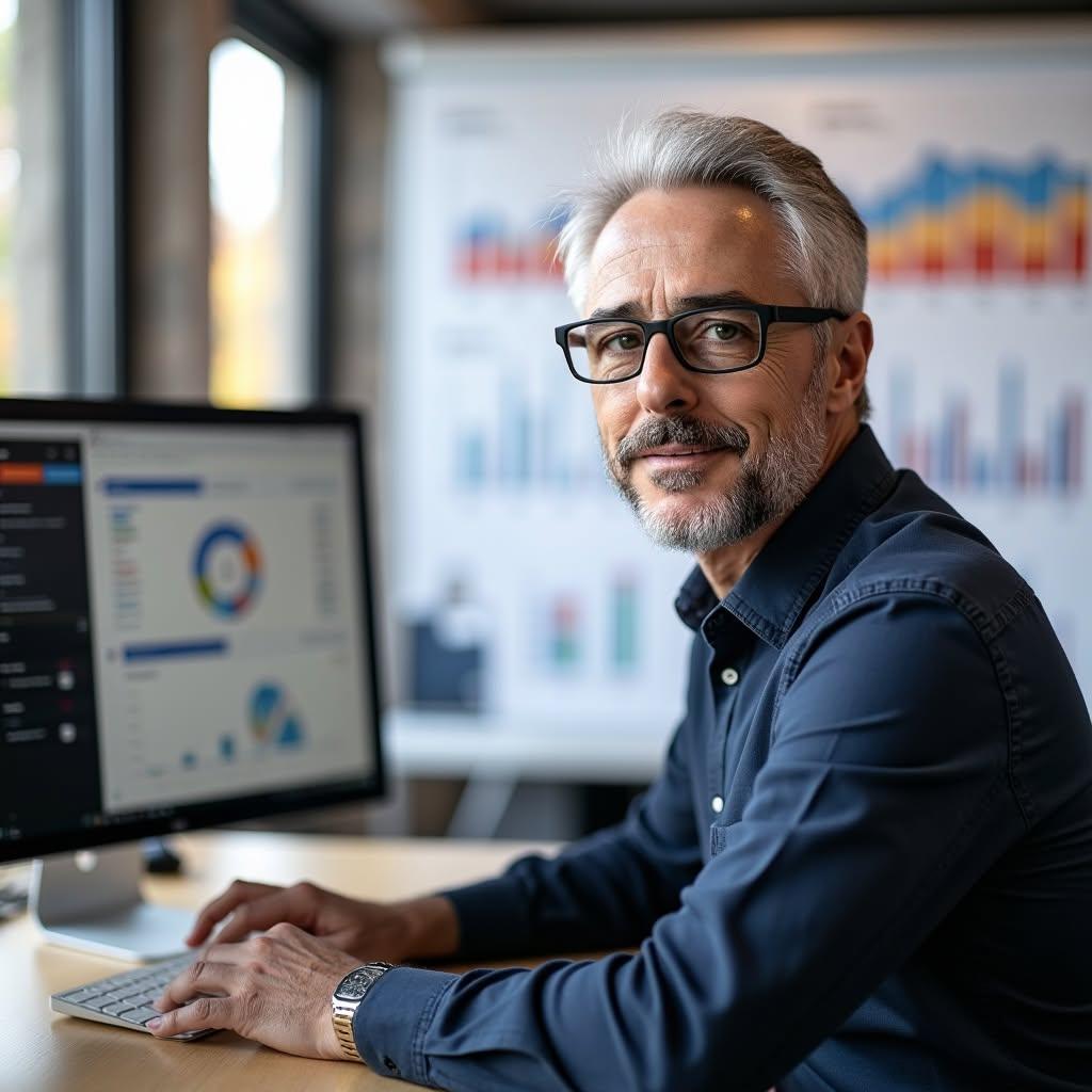A middle-aged man with glasses sitting at a desk, working on a computer.