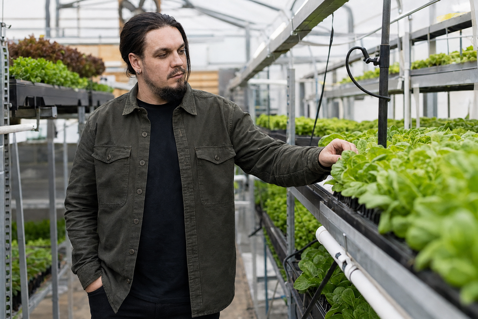 Man inspecting lettuce plants in a greenhouse with organized rows of greenery.
