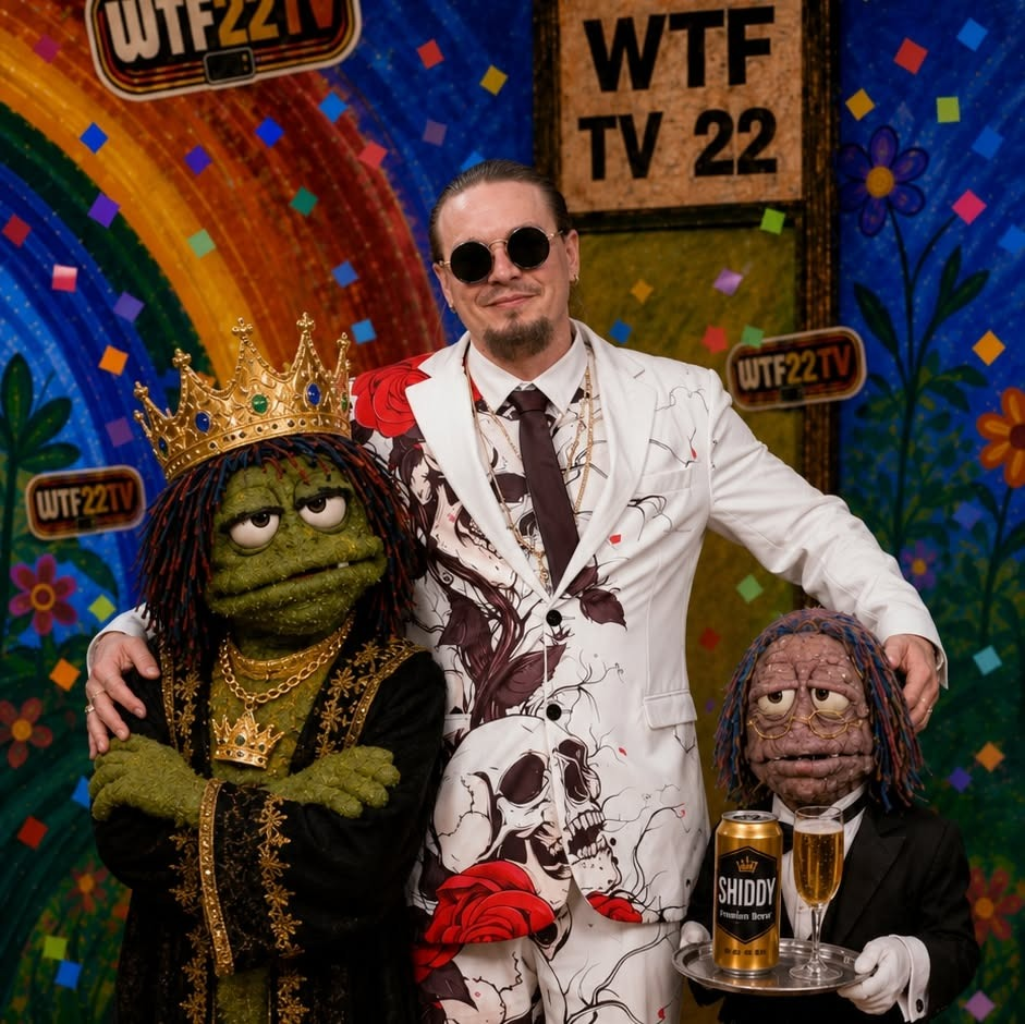 A man in a suit poses with two puppet characters in colorful attire