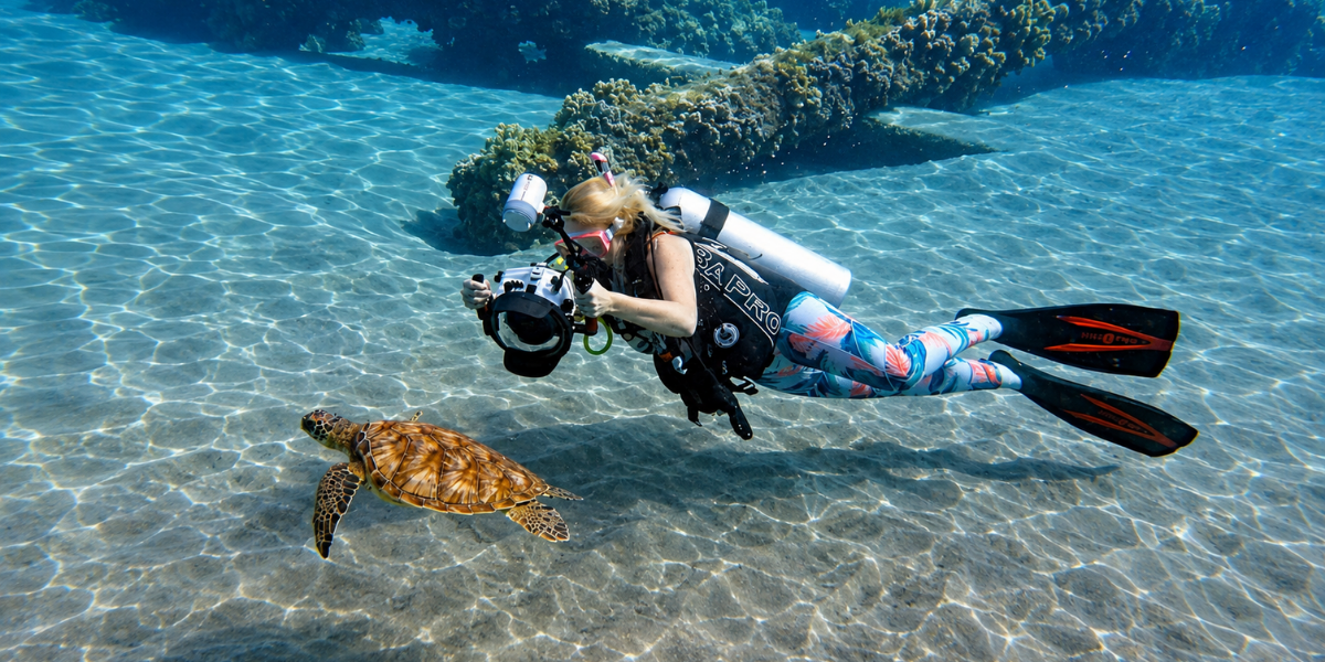 Diver underwater photographing a sea turtle in clear blue waters.
