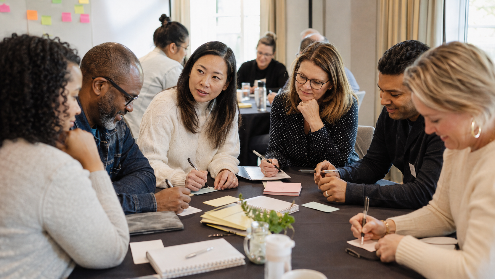 Group of diverse individuals collaborating at a table with notepads and sticky notes