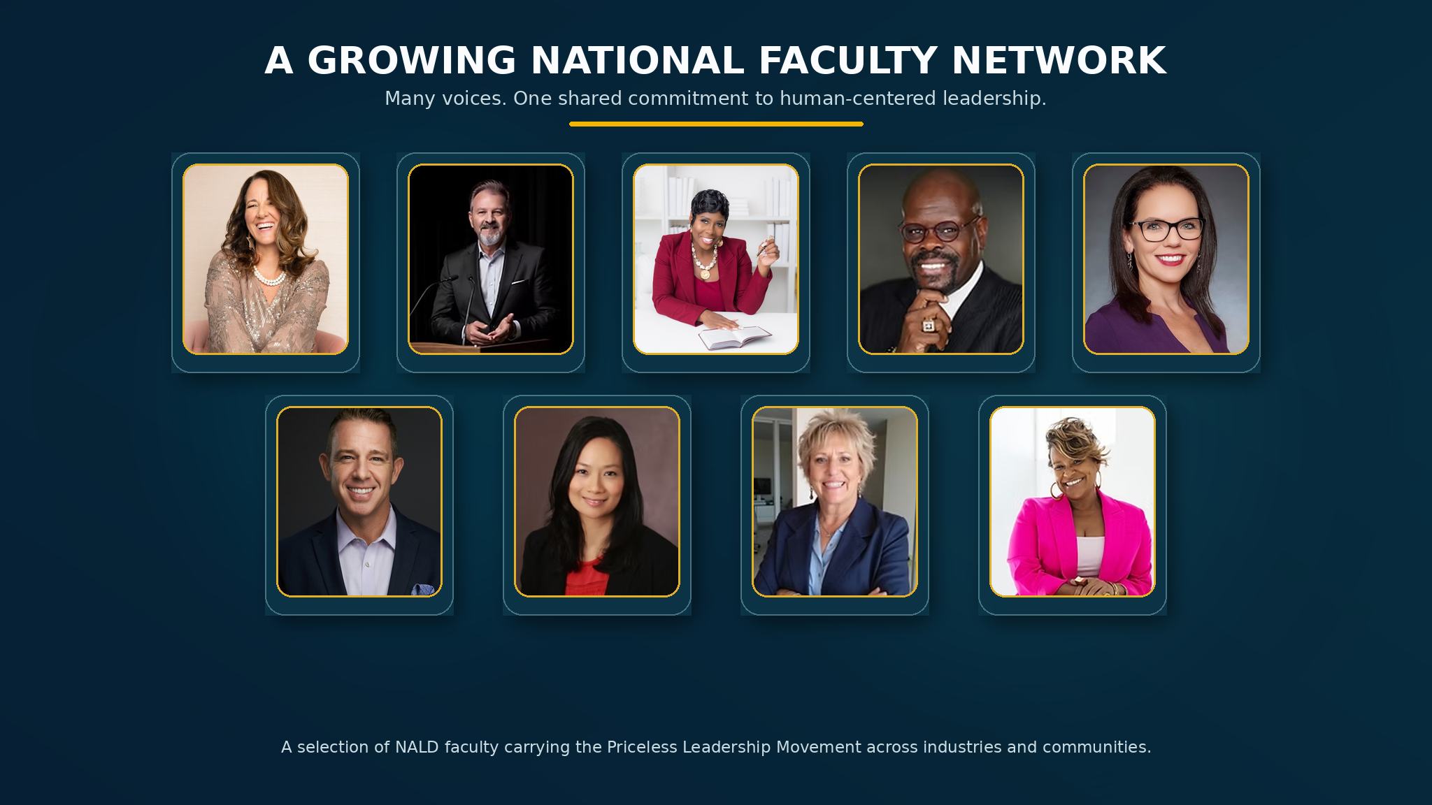 Collage of diverse faculty members promoting human-centered leadership in various sectors