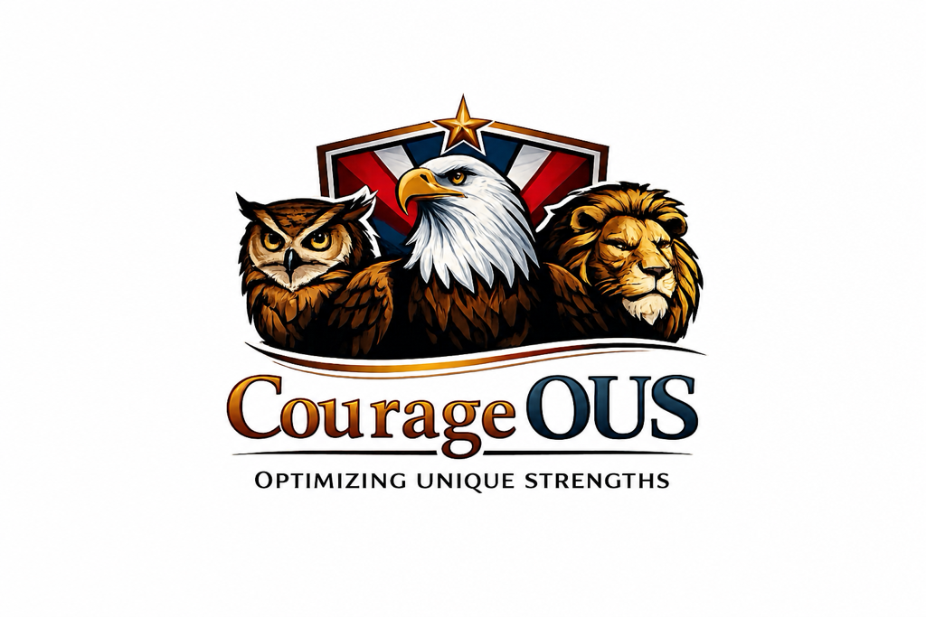 Logo featuring an owl, eagle, and lion with the text "CourageOUS" and a star design