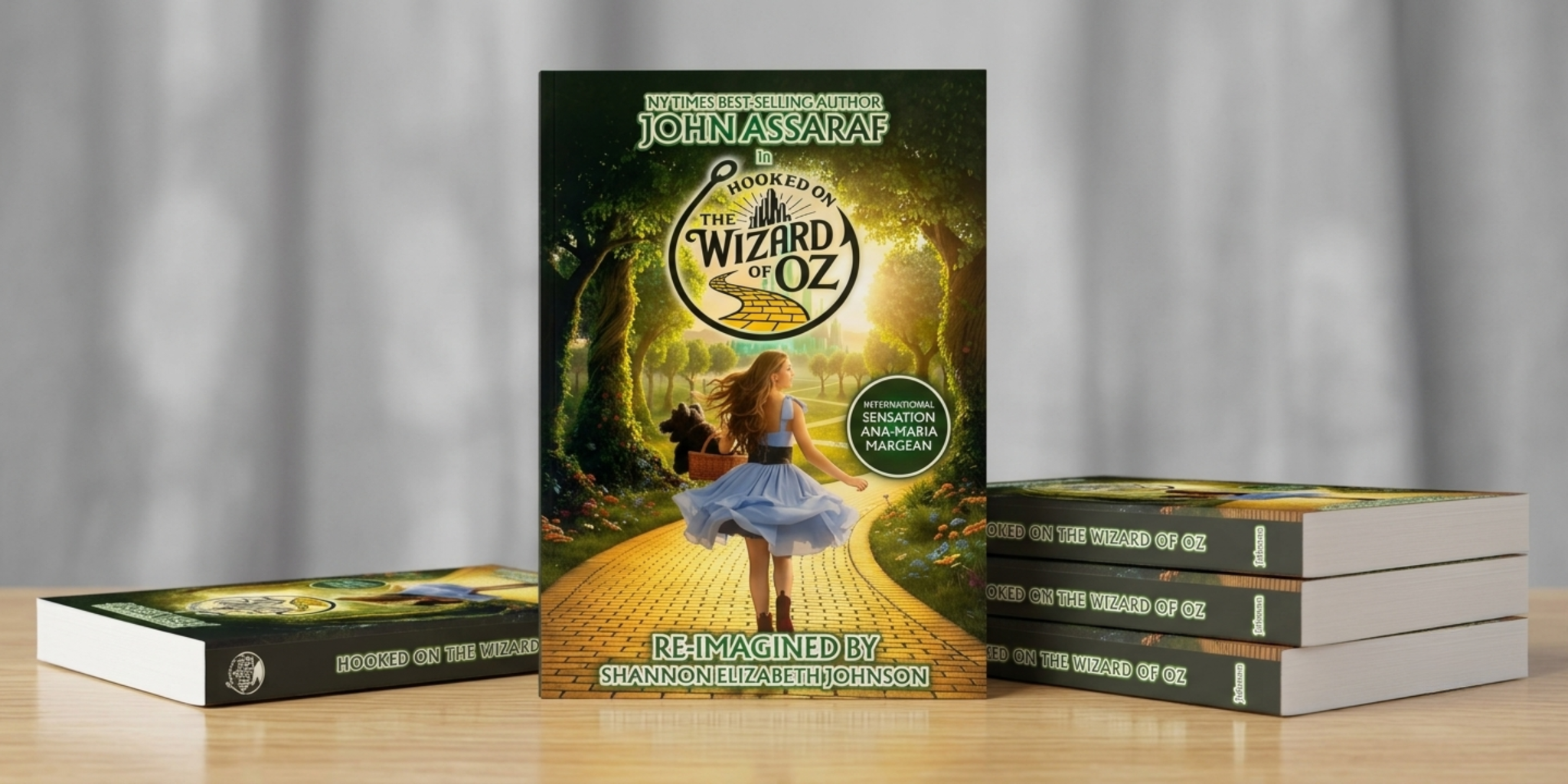 Showcase of the book "Hooked on the Wizard of Oz" with a whimsical cover design