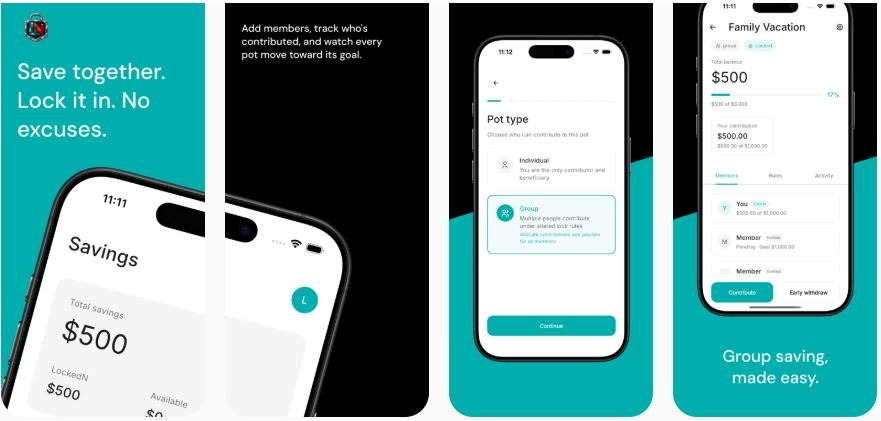App interface showcasing savings features, group contributions, and goal tracking for vacations