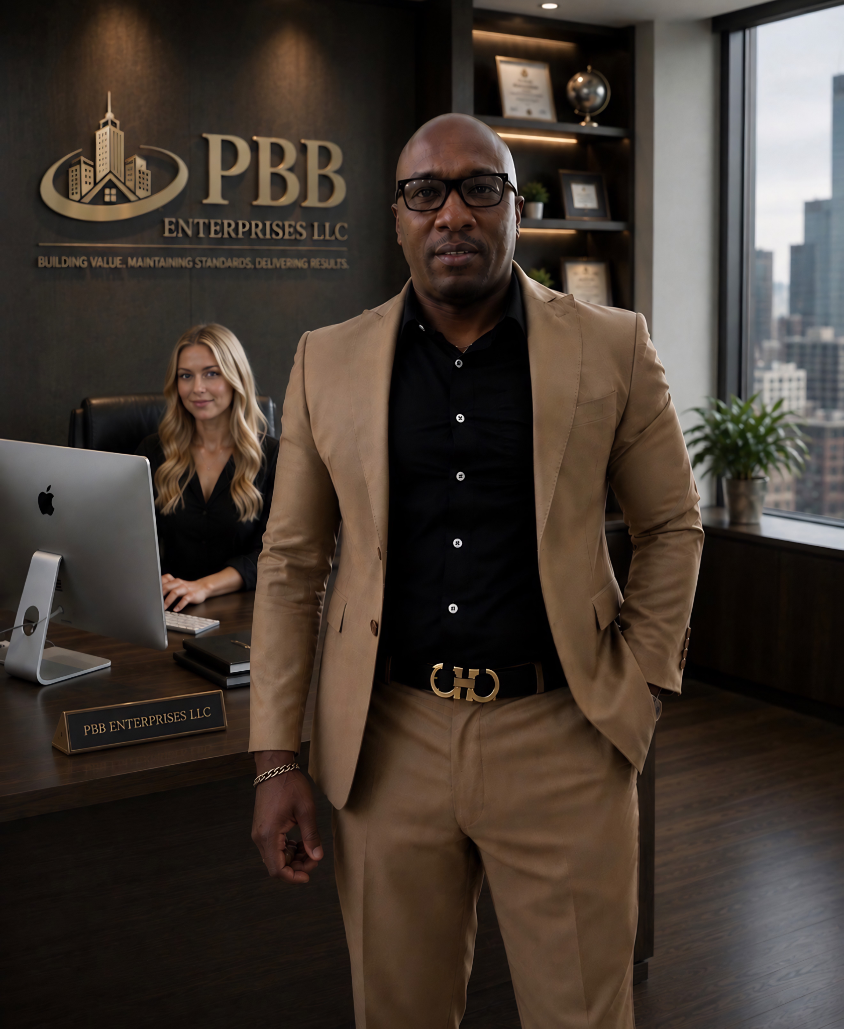 Businessman in a suit stands confidently in an office with a woman at a desk