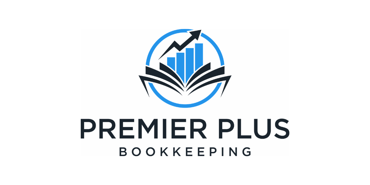 Logo for Premier Plus Bookkeeping featuring a stylized book and growth chart icon