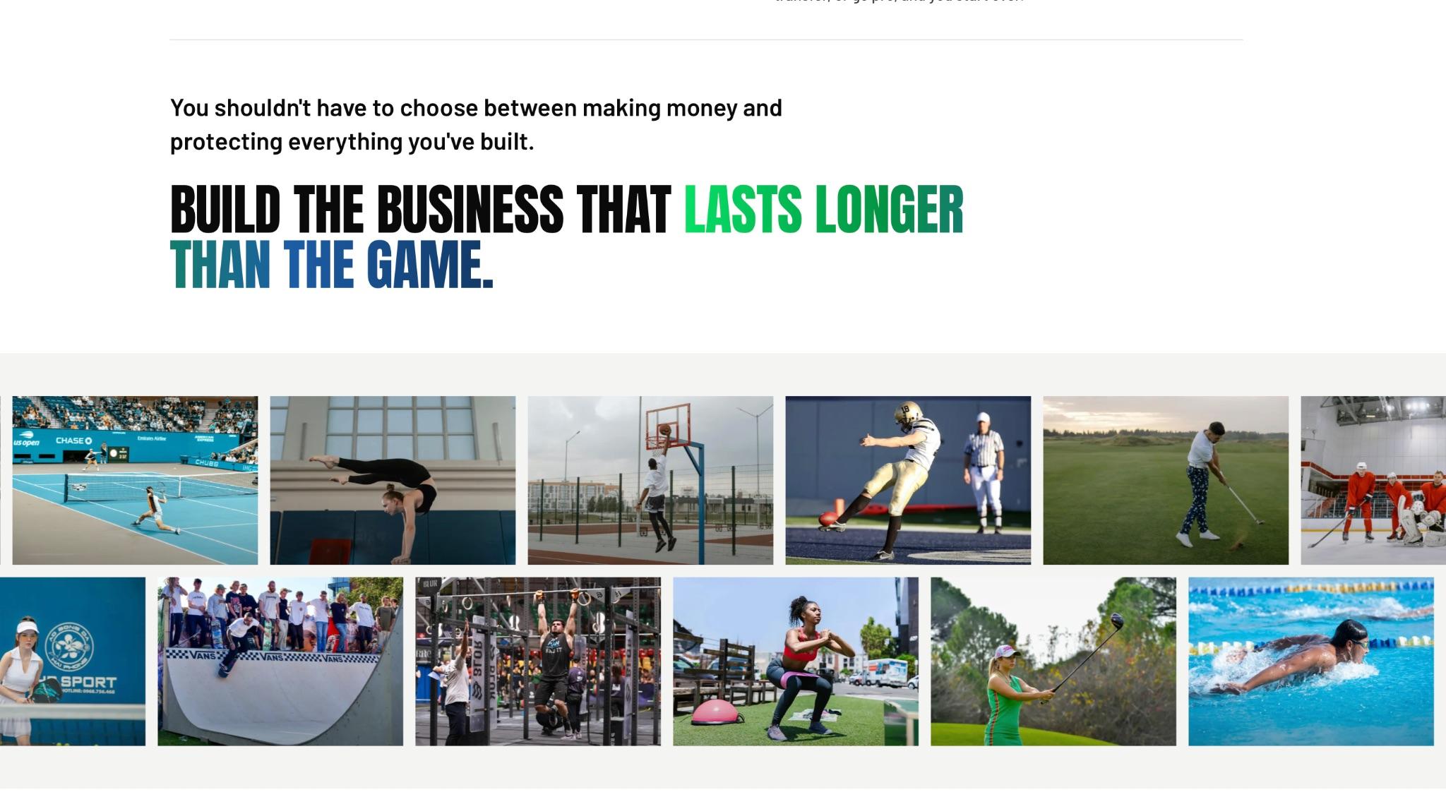 A collage of athletes in various sports promoting a business that prioritizes longevity and protection