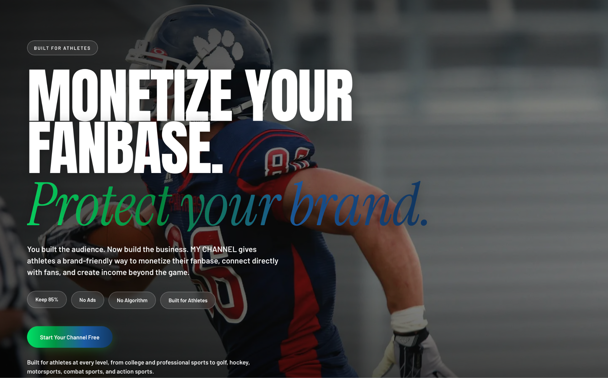 A football player in action with text promoting athlete brand monetization and fan engagement