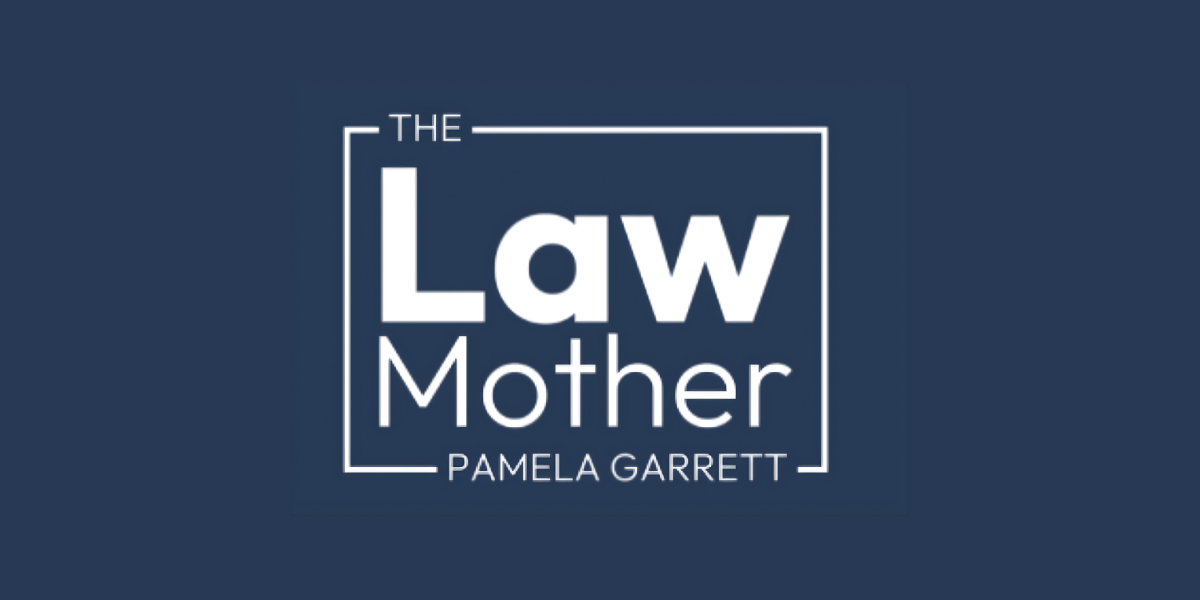 Logo for The Law Mother featuring the name Pamela Garrett on a blue background