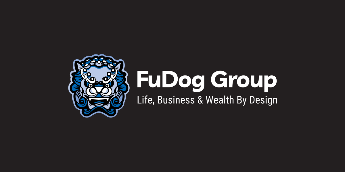 Logo of FuDog Group featuring a stylized lion and tagline about life and business design