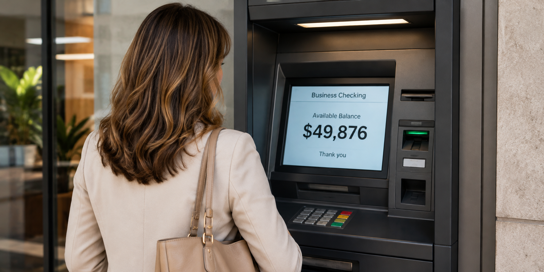 Woman using an ATM to check her business account balance displayed on screen