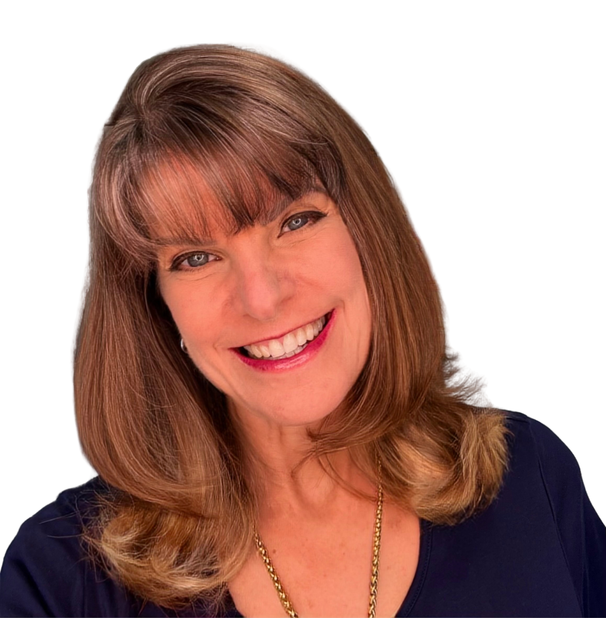 Smiling woman with long brown hair and bangs wearing a dark top