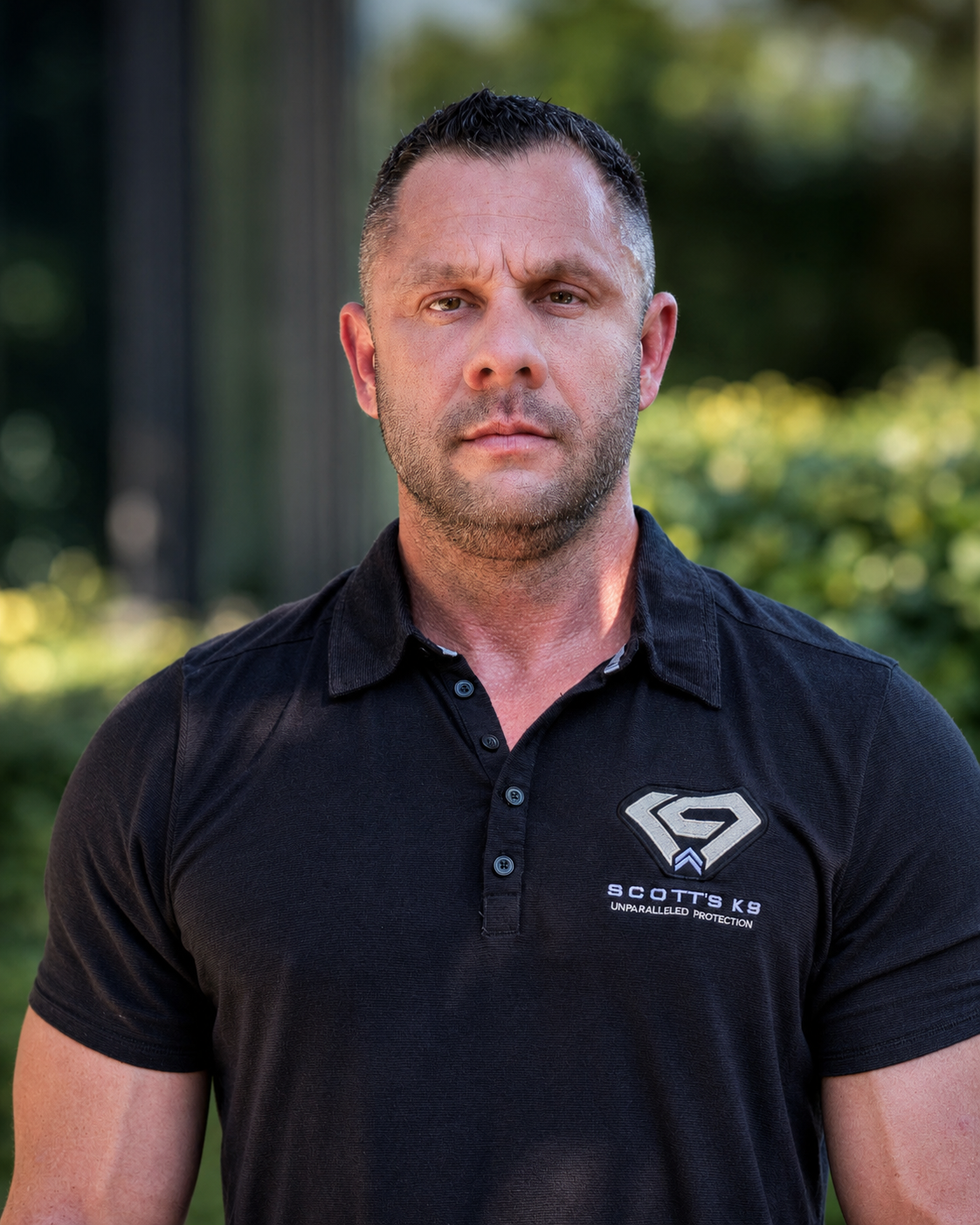 Man with short hair wearing a black polo shirt stands outdoors, looking serious