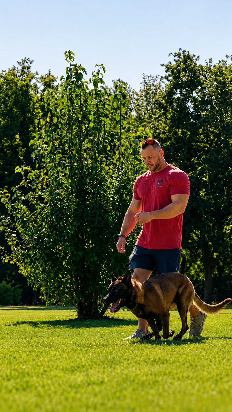 A man walks a dog on grass in a sunny park setting