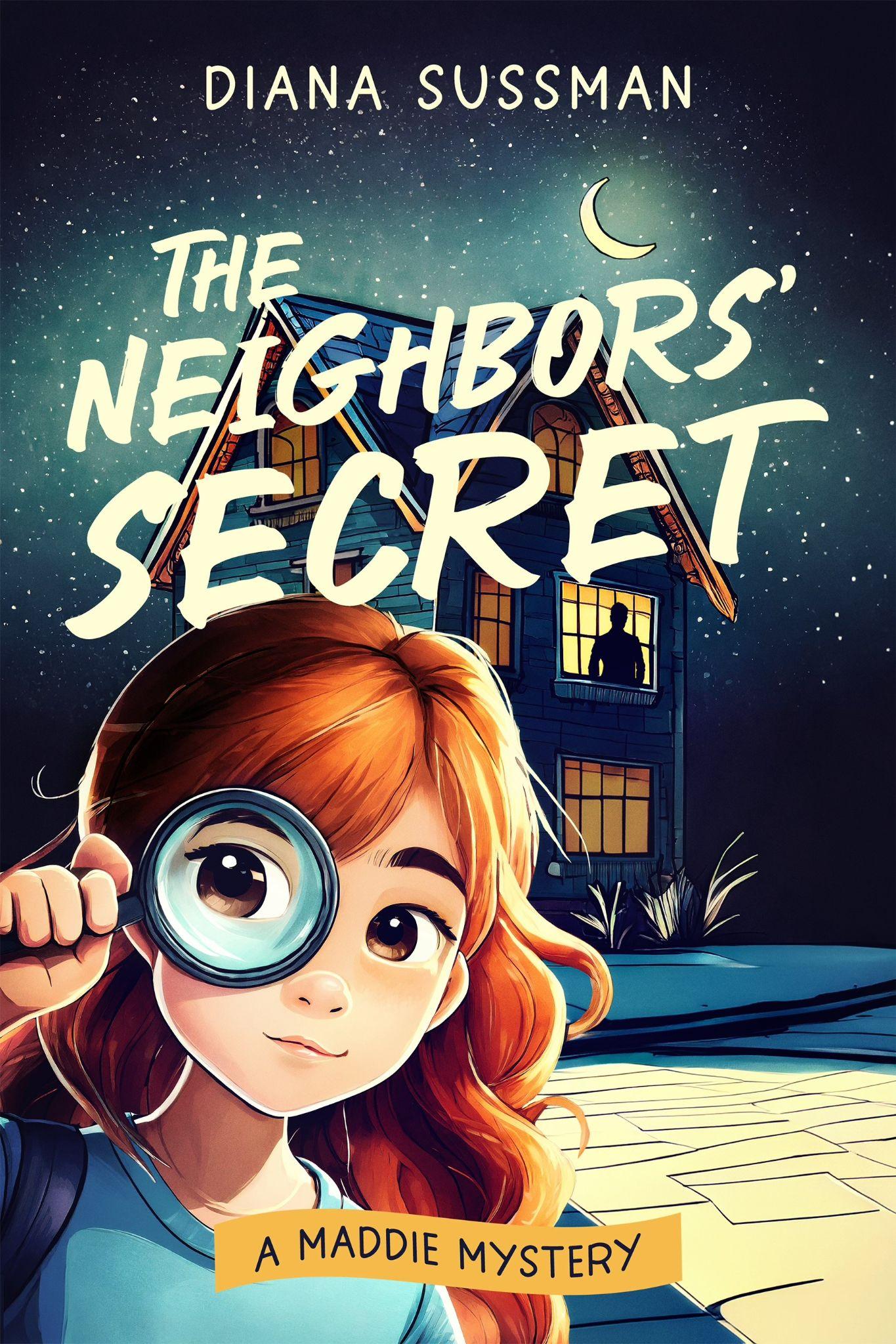 A girl with a magnifying glass stands in front of a mysterious house at night