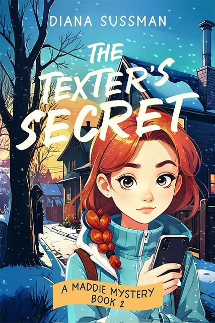 A girl with red hair holds a phone, standing in a snowy neighborhood setting