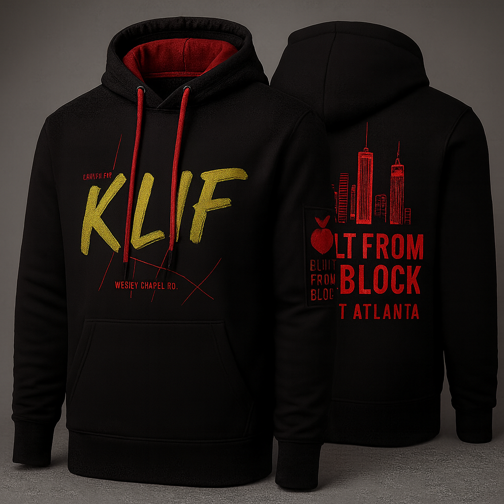 Black hoodie with bold yellow and red graphics featuring text and skyline design
