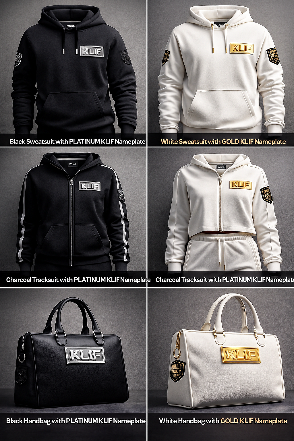 Collection of hooded sweatshirts and handbags featuring KLIF nameplates in platinum and gold