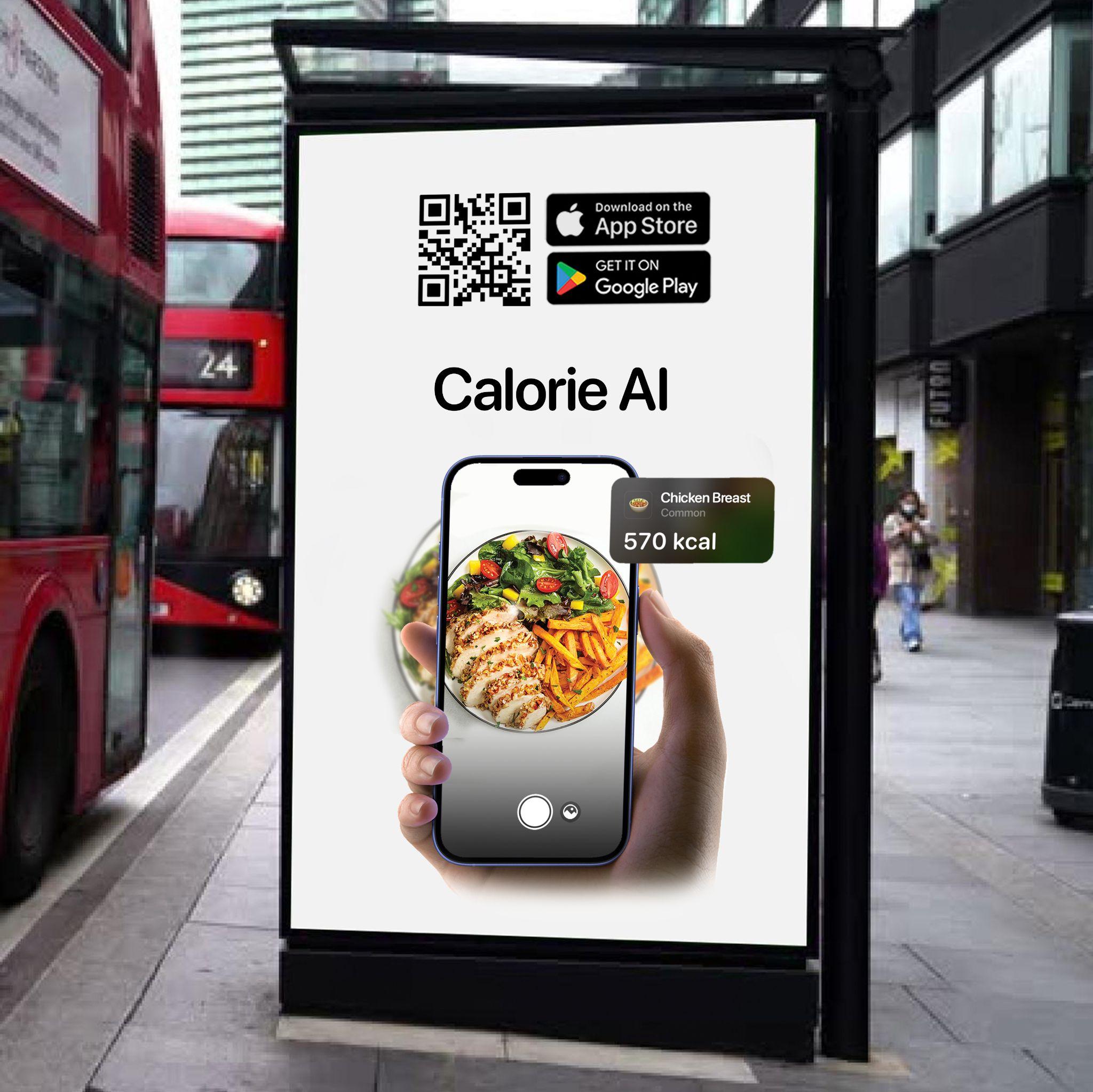 Bus stop advertisement for Calorie AI app featuring a smartphone scanning food calories