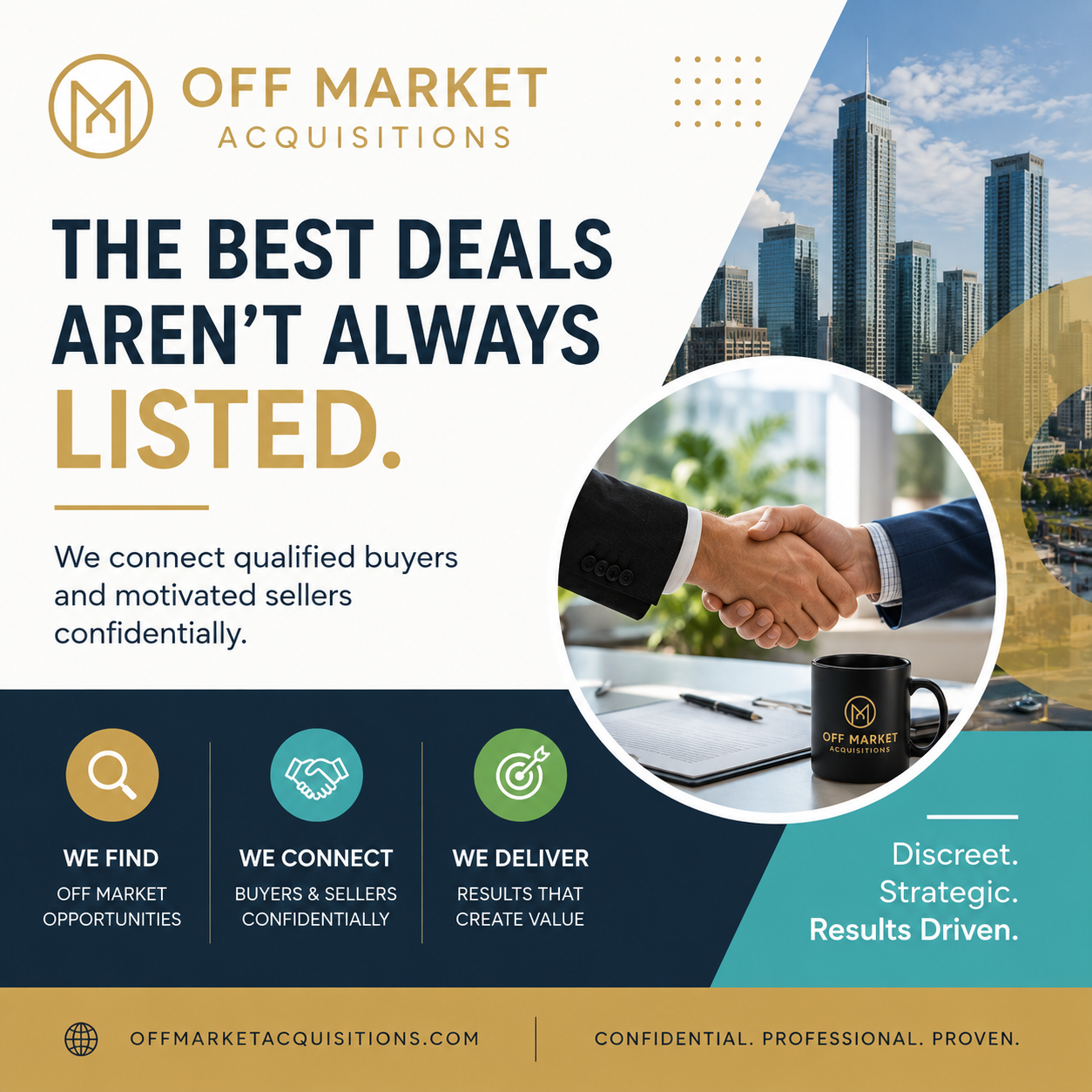 Promotional graphic for Off Market Acquisitions showcasing their services in real estate transactions